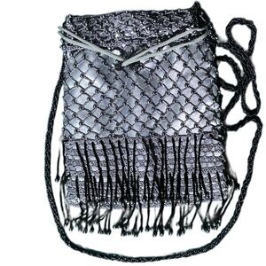 Silver Beaded Drawstring Evening Wristlet Clutch strung beads pearls Crossbody